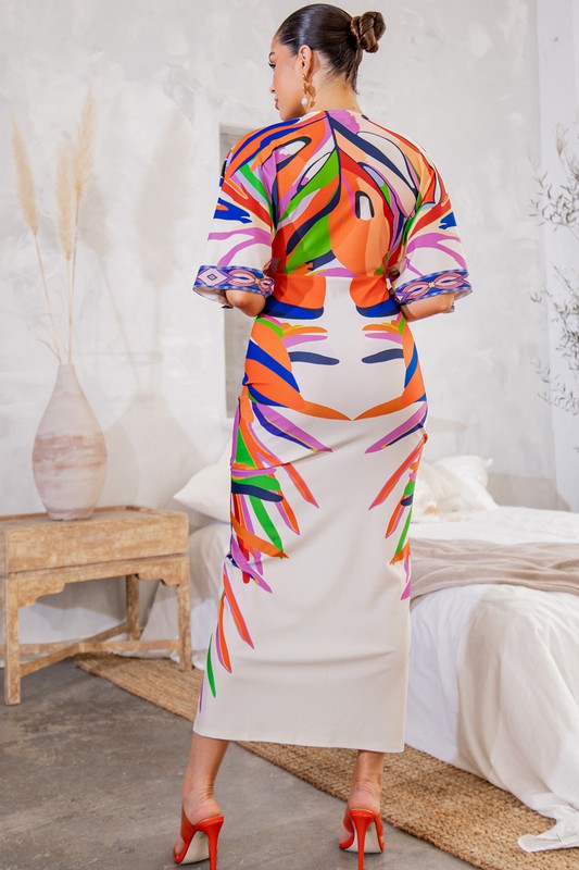 Women's Multi Color Ruched V-Neck Midi Dress
