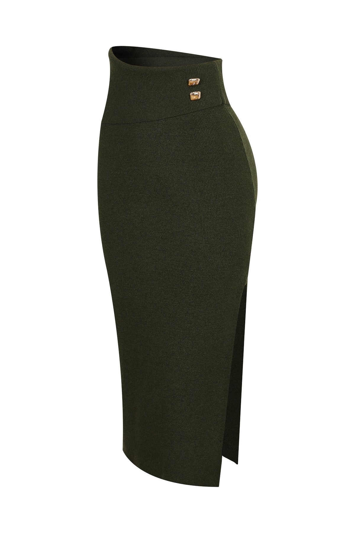 Green pencil skirt with a slit on a white background