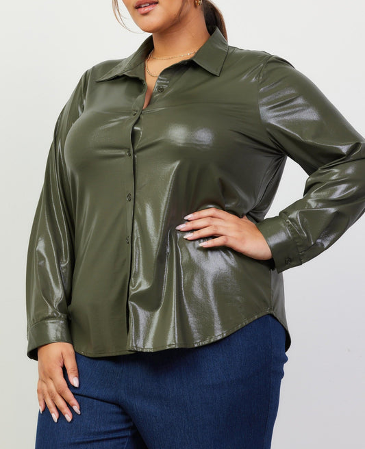 Women's Olive button down top (Plus)