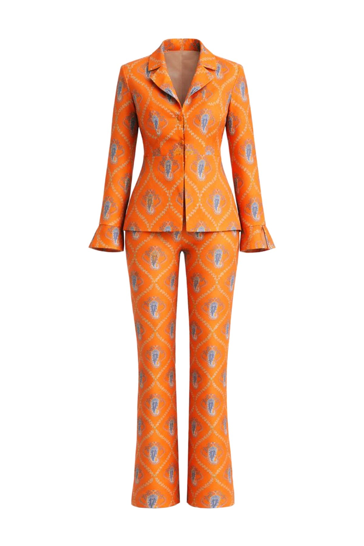 Orange patterned pajama set on a white background