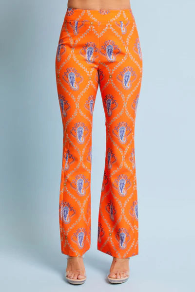 Orange patterned pants on a plain background
