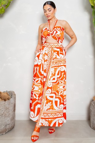 Women's 2pc tropical print skirt set (orange)