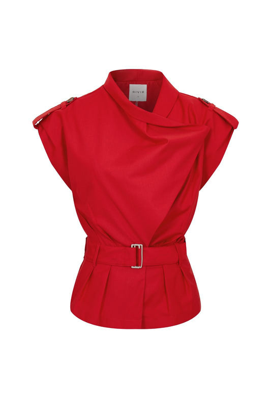 Red Woven 2pc Safari Draped Sleeveless Jacket and matching Pants Sets