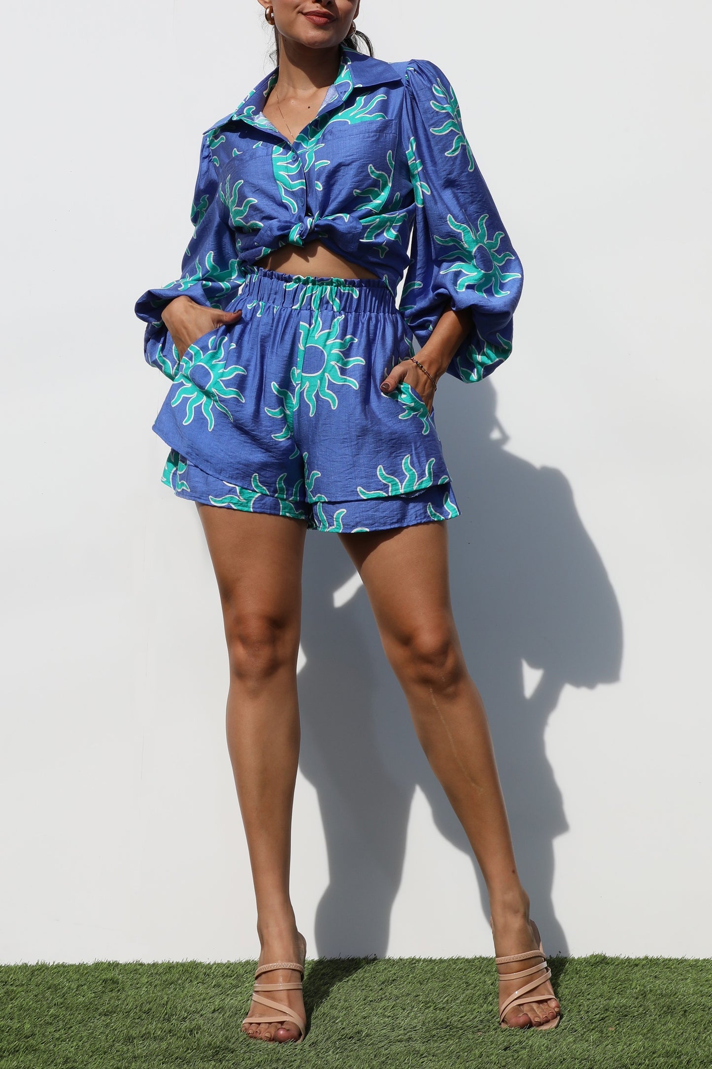 Women's Printed Button Down Woven Top and matching Shorts Set