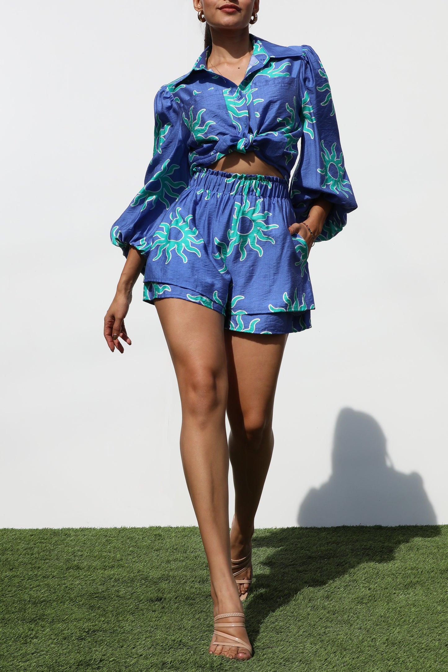 Women's Printed Button Down Woven Top and matching Shorts Set