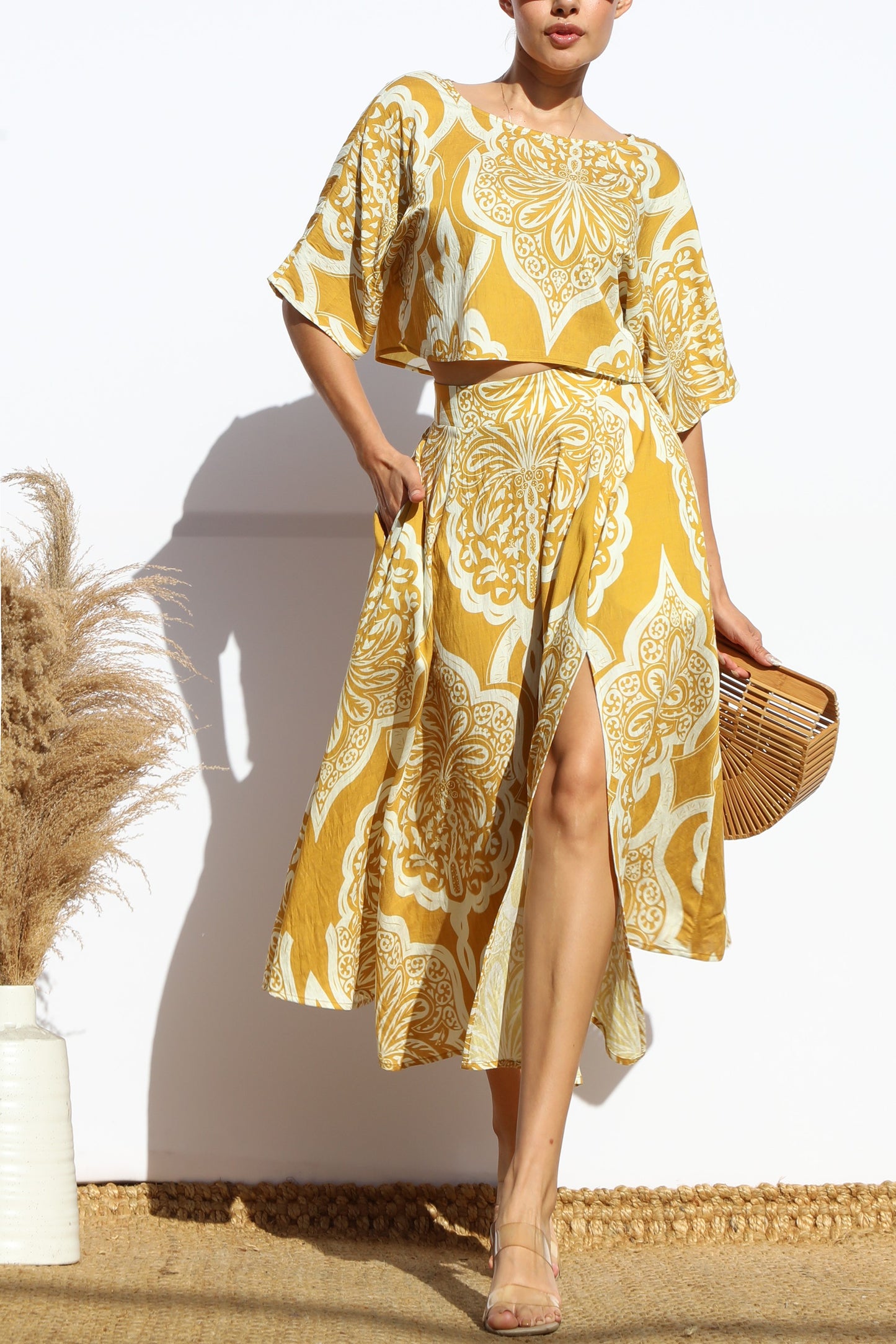 Women's Yellow and White Striped Top and Matching Skirt Set