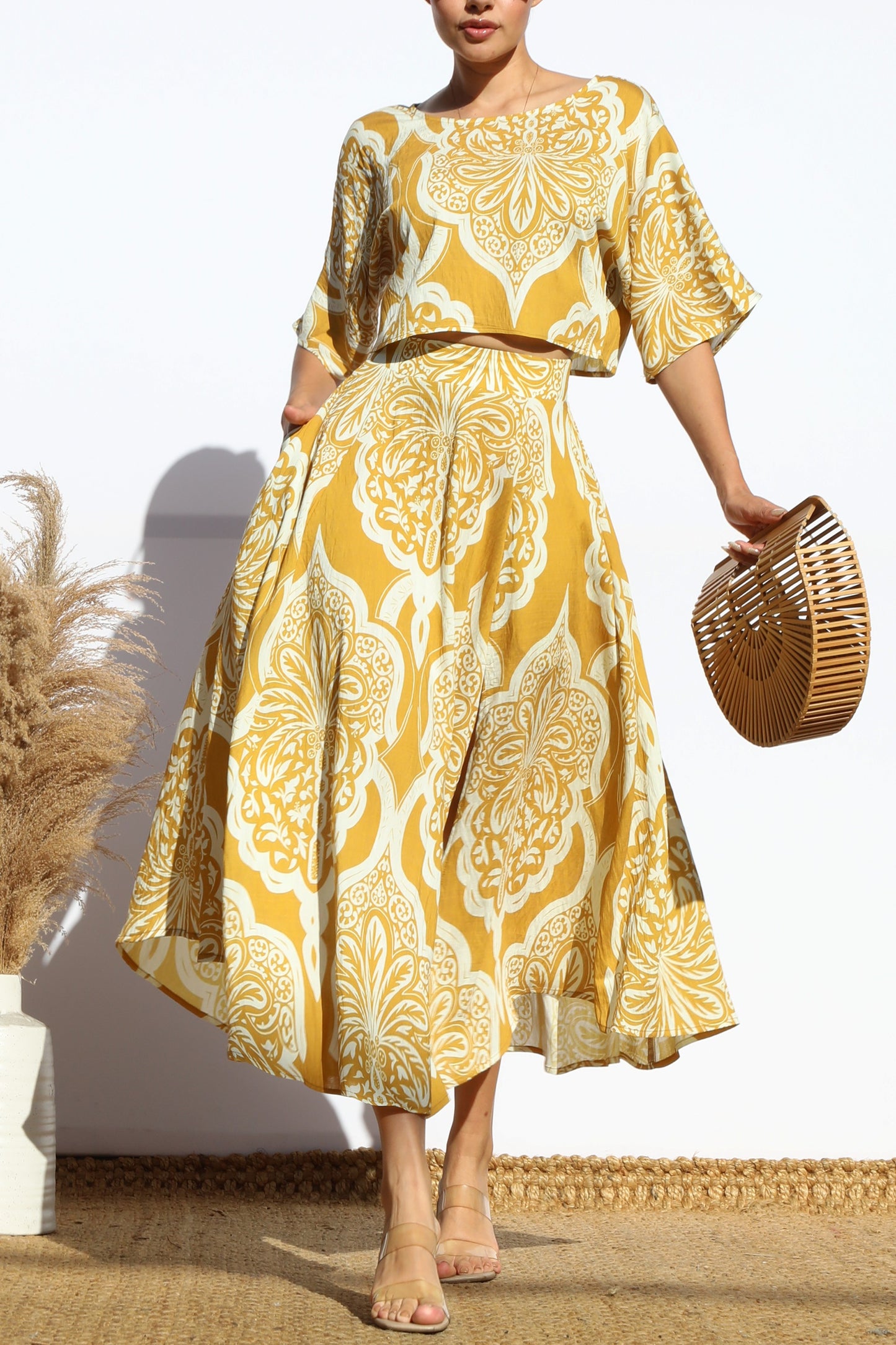 Women's Yellow and White Striped Top and Matching Skirt Set