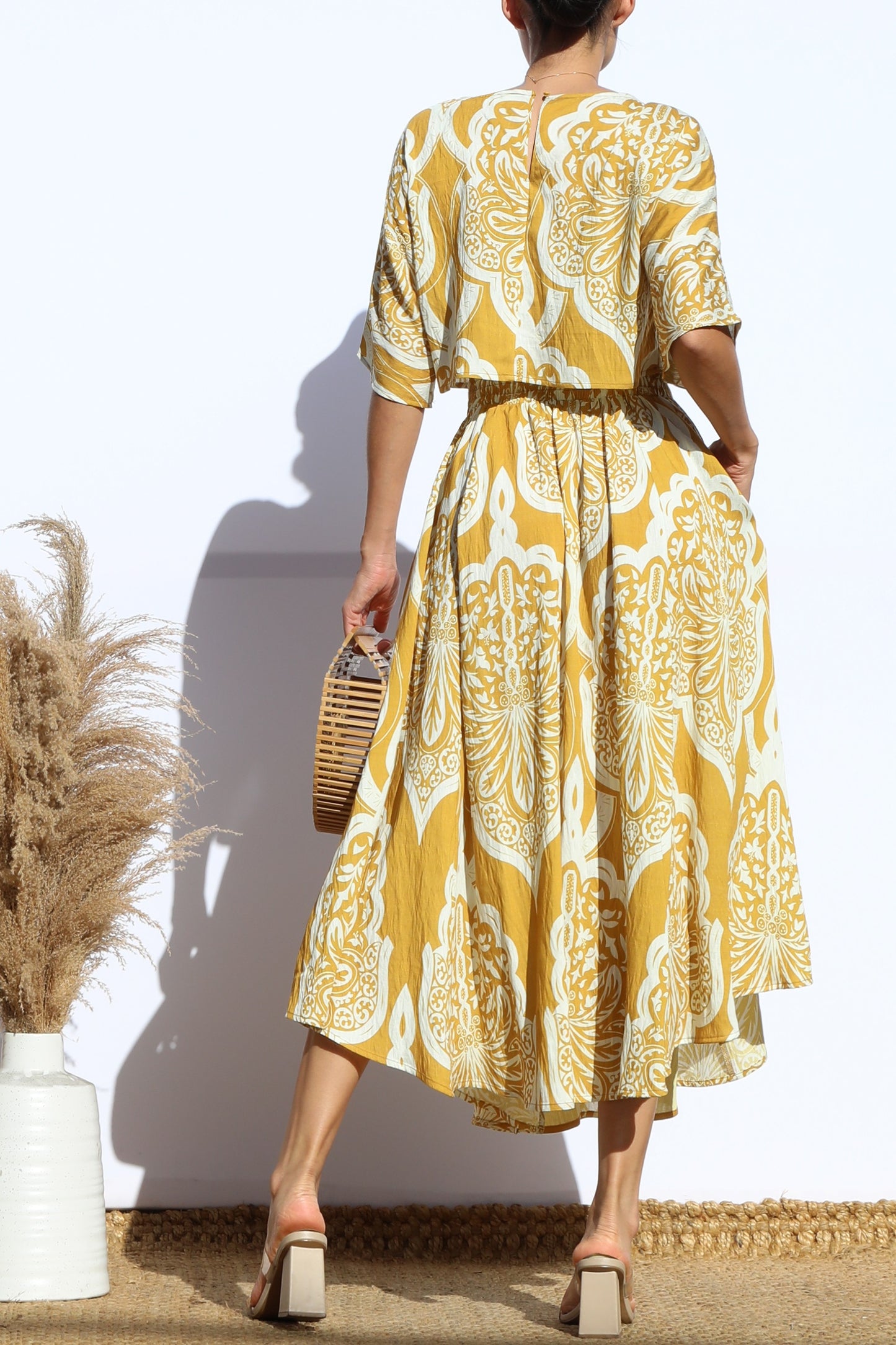 Women's Yellow and White Striped Top and Matching Skirt Set