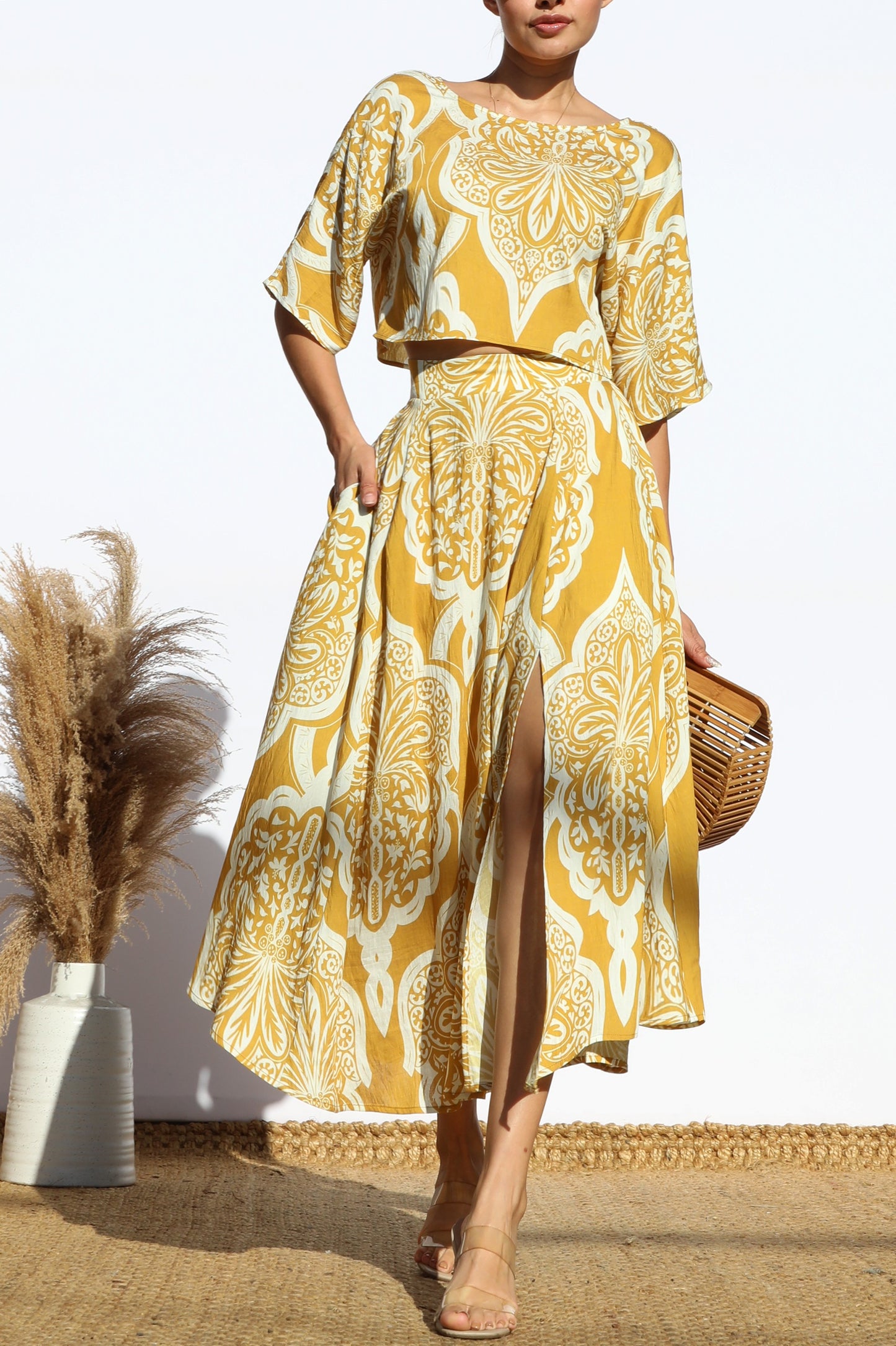 Women's Yellow and White Striped Top and Matching Skirt Set