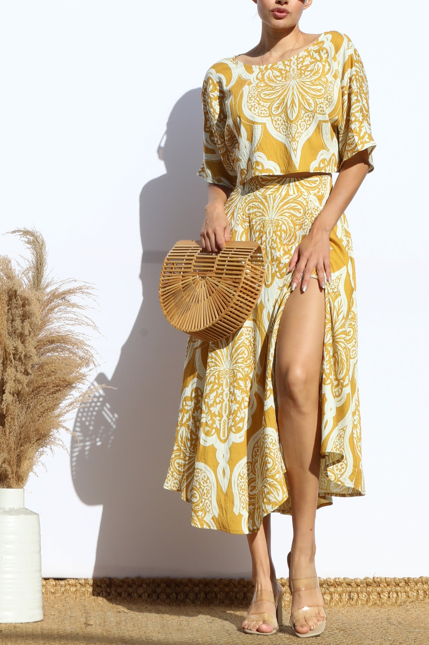 Women's Yellow and White Striped Top and Matching Skirt Set