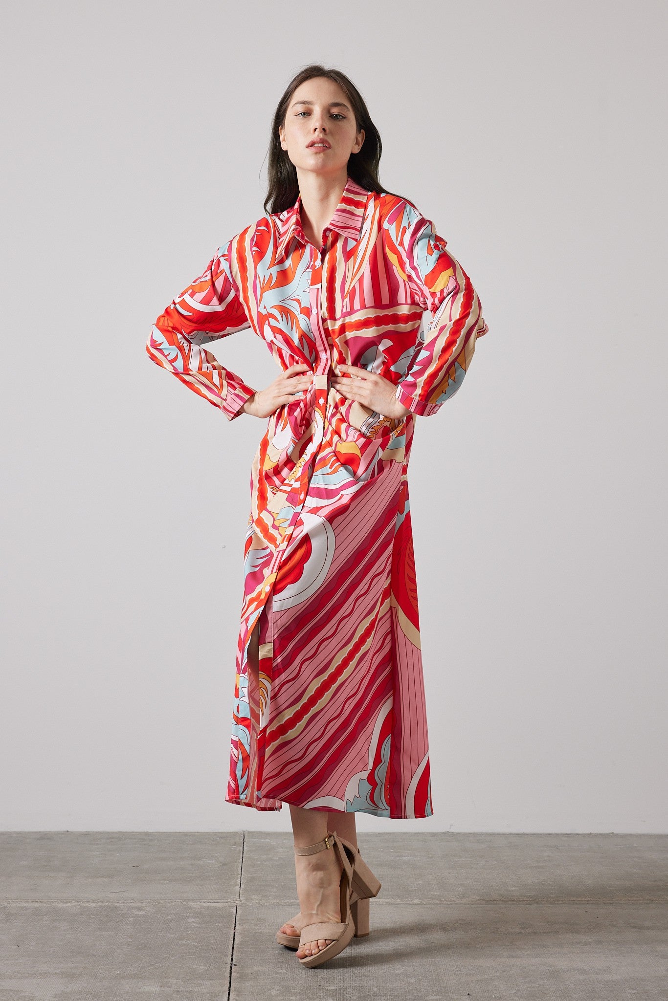 Women's red printed shirt dress with belt