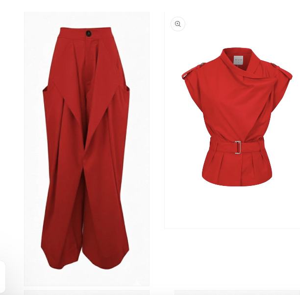 Red Woven 2pc Safari Draped Sleeveless Jacket and matching Pants Sets