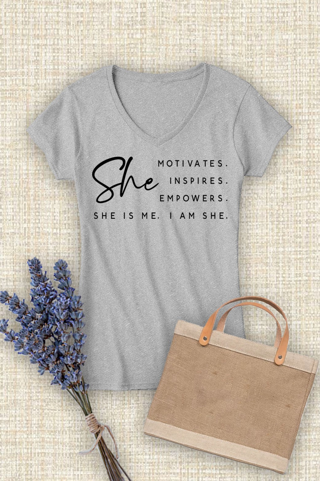 Women's V-neck t-shirt "SHE Motivates ,Inspires, Empowers, SHE IS ME , I AM SHE"