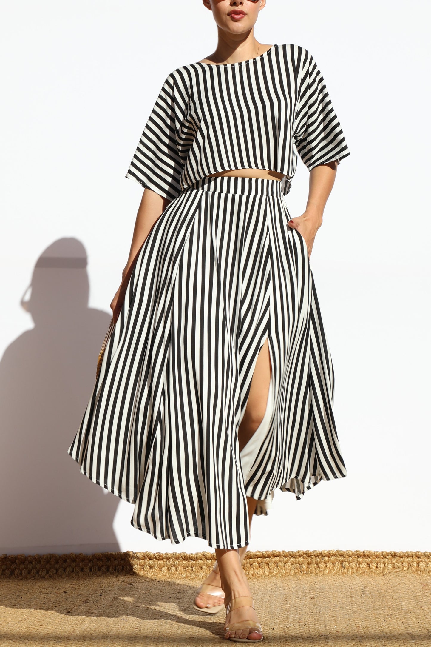 Women's Black and White Striped Top and Matching Skirt Set