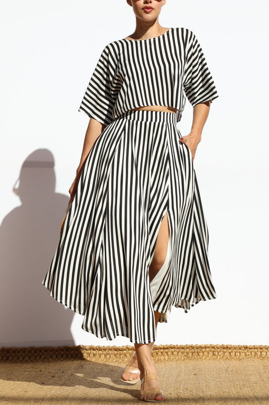 Women's Black and White Striped Top and Matching Skirt Set