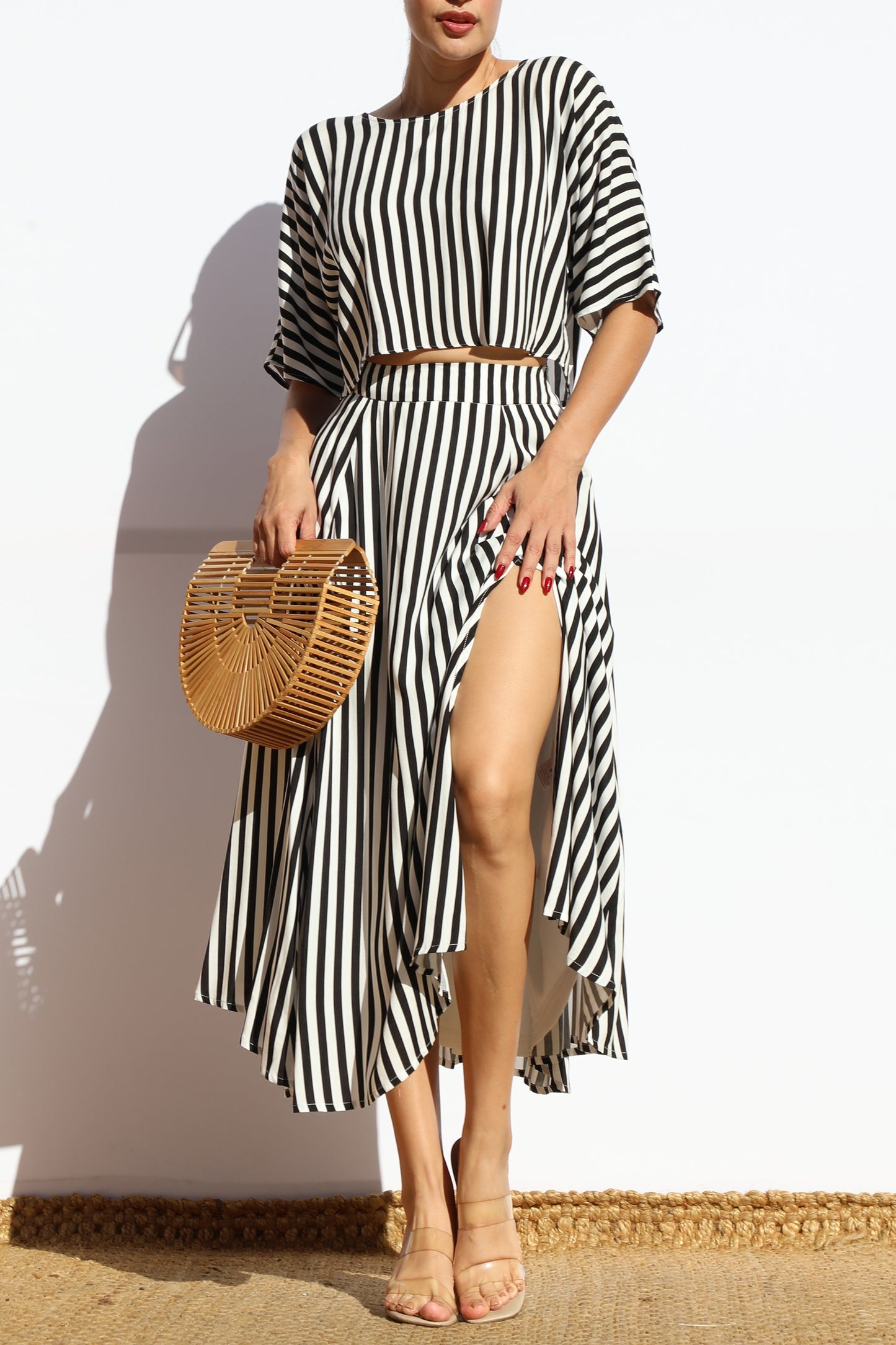 Women's Black and White Striped Top and Matching Skirt Set