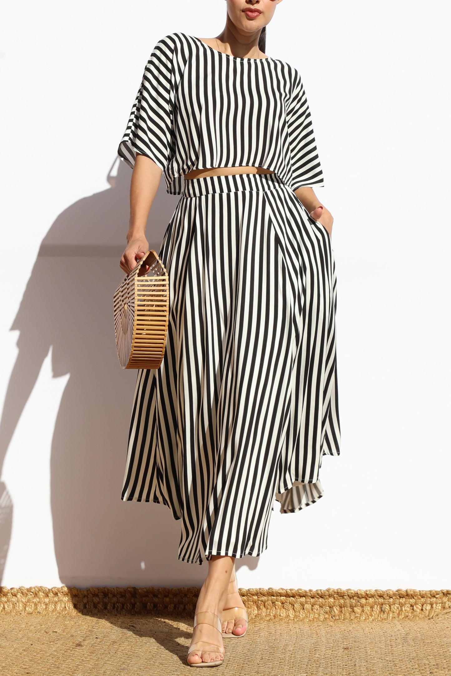 Women's Black and White Striped Top and Matching Skirt Set