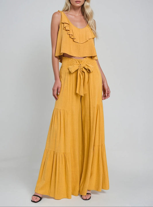 Yellow Boho Linen Wide-leg Palazzo Pants