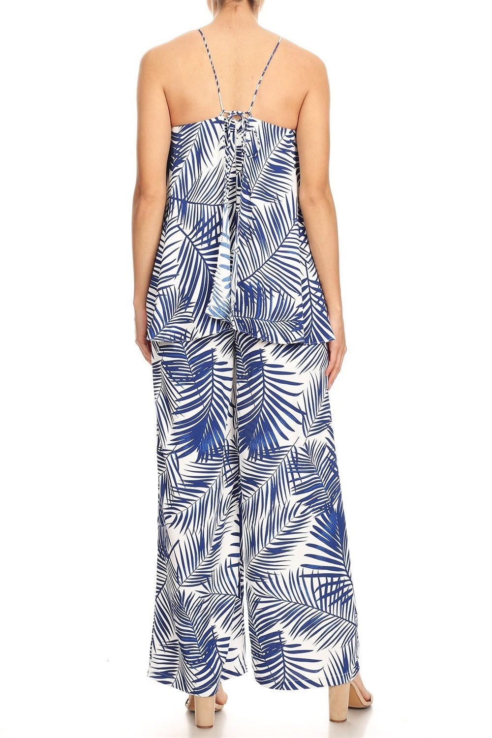 Women's Blue and white tropical print jumpsuit