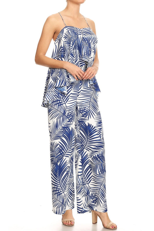 Women's Blue and white tropical print jumpsuit