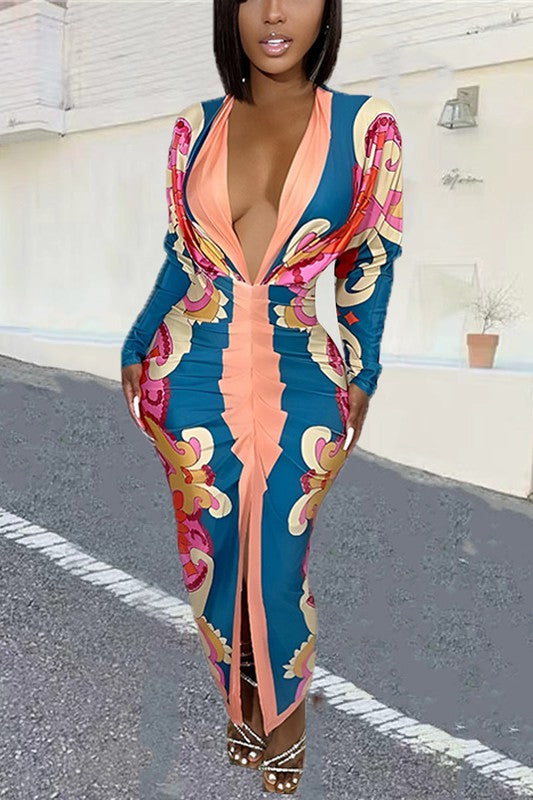 V-Neck Floral print body con dress