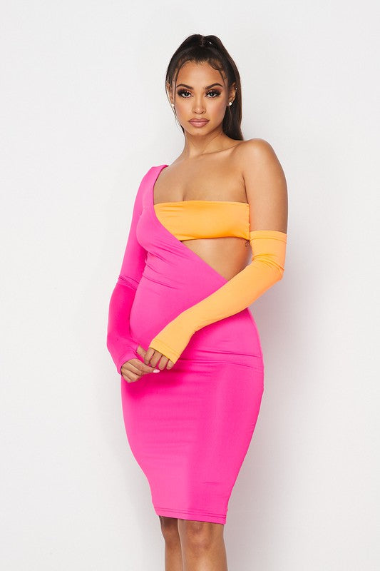 Orange and Pink one shoulder dress with cut out details