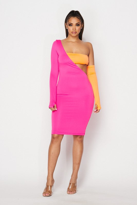 Orange and Pink one shoulder dress with cut out details
