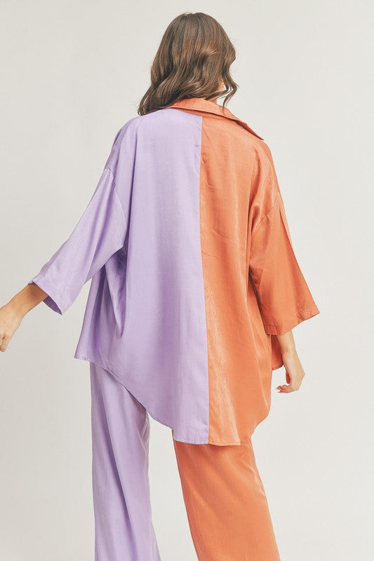 Color Block Satin Pants Set (Purple/ Orange)