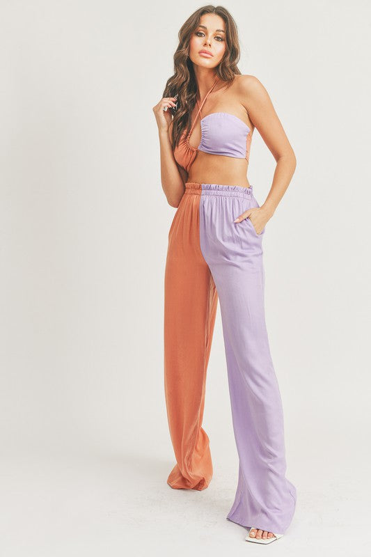 Color Block Satin Pants Set (Purple/ Orange)