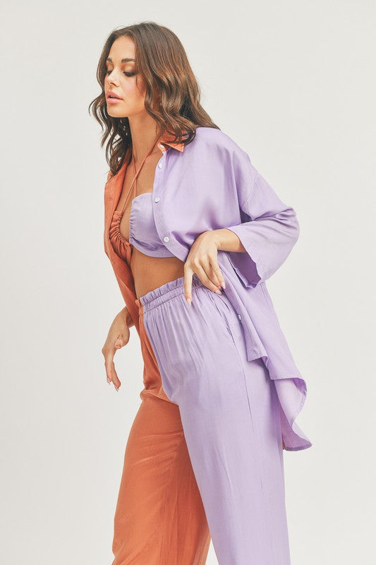 Ladies Casual Solid Color Satin Long Sleeve Loose Shirt And Pants Two Piece  Set - The Little Connection