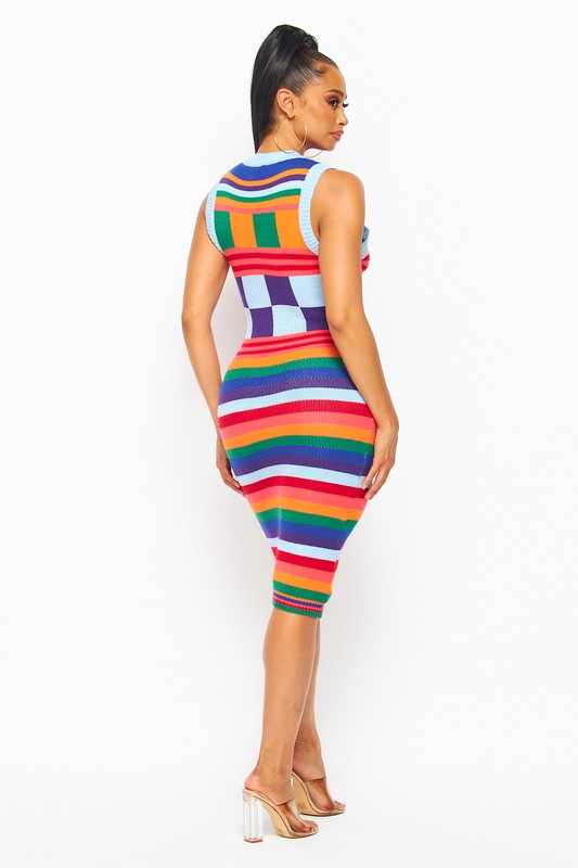 Sleeveless stripe rainbow midi dress