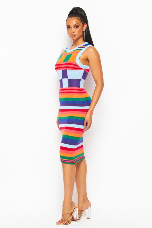 Sleeveless stripe rainbow midi dress
