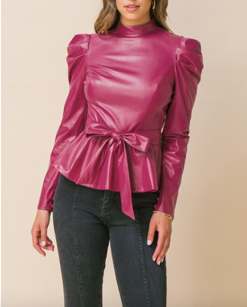 Faux leather mock neck puff sleeve peplum top (pink)
