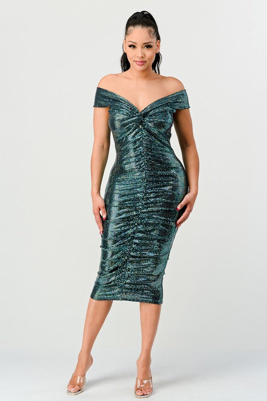 Women's off the shoulder ruched midi dress (teal)