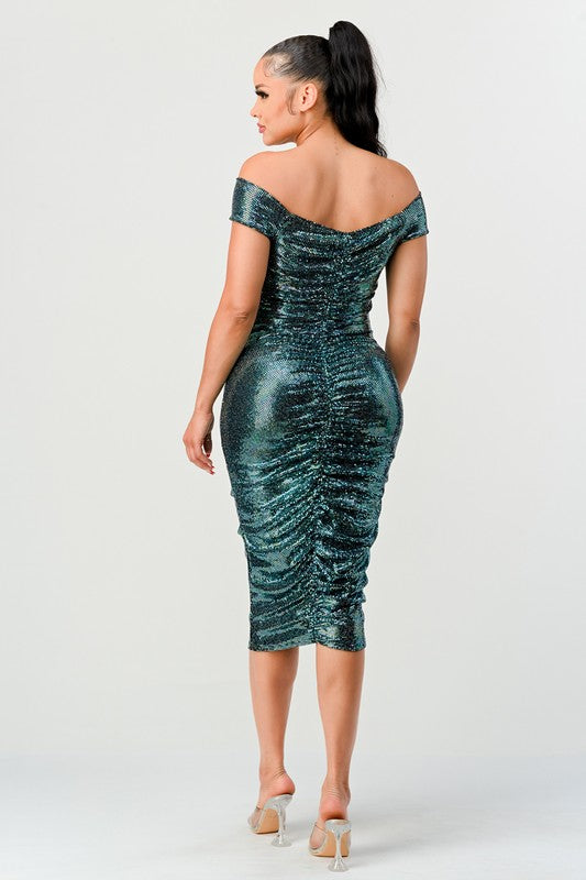 Women's off the shoulder ruched midi dress (teal)