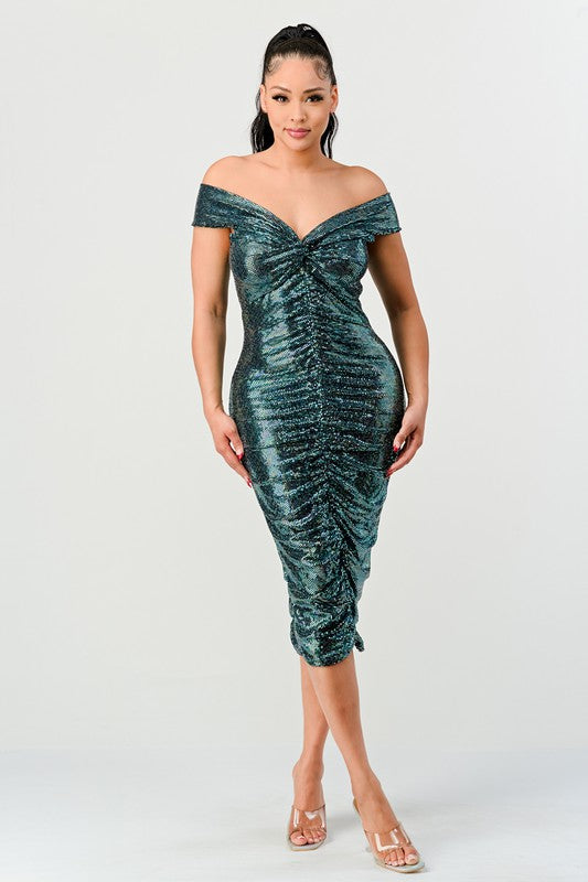 Women's off the shoulder ruched midi dress (teal)