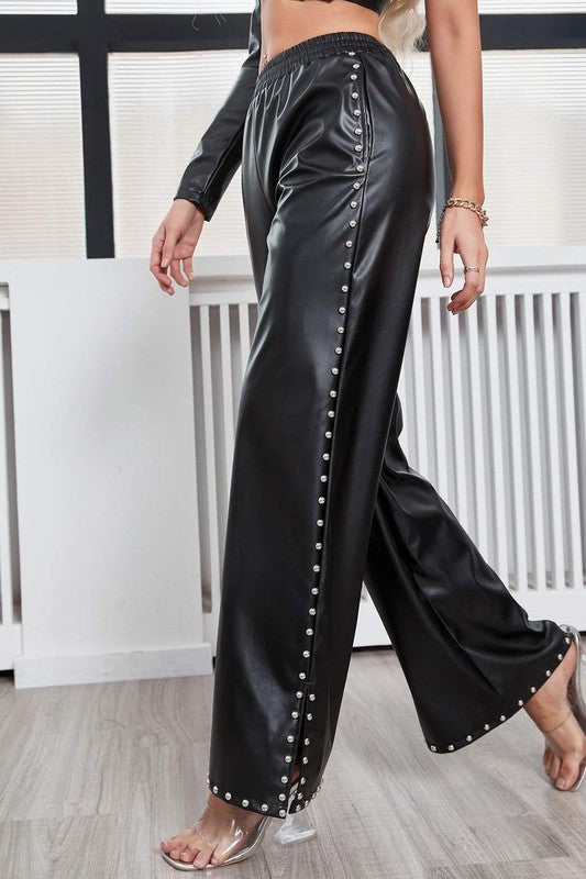 Wide Leg Studded Faux Leather Joggers