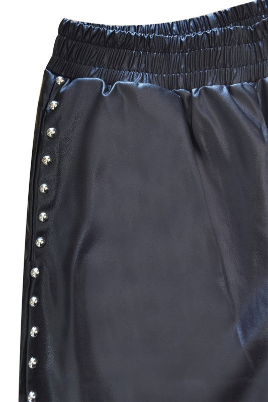 Wide Leg Studded Faux Leather Joggers